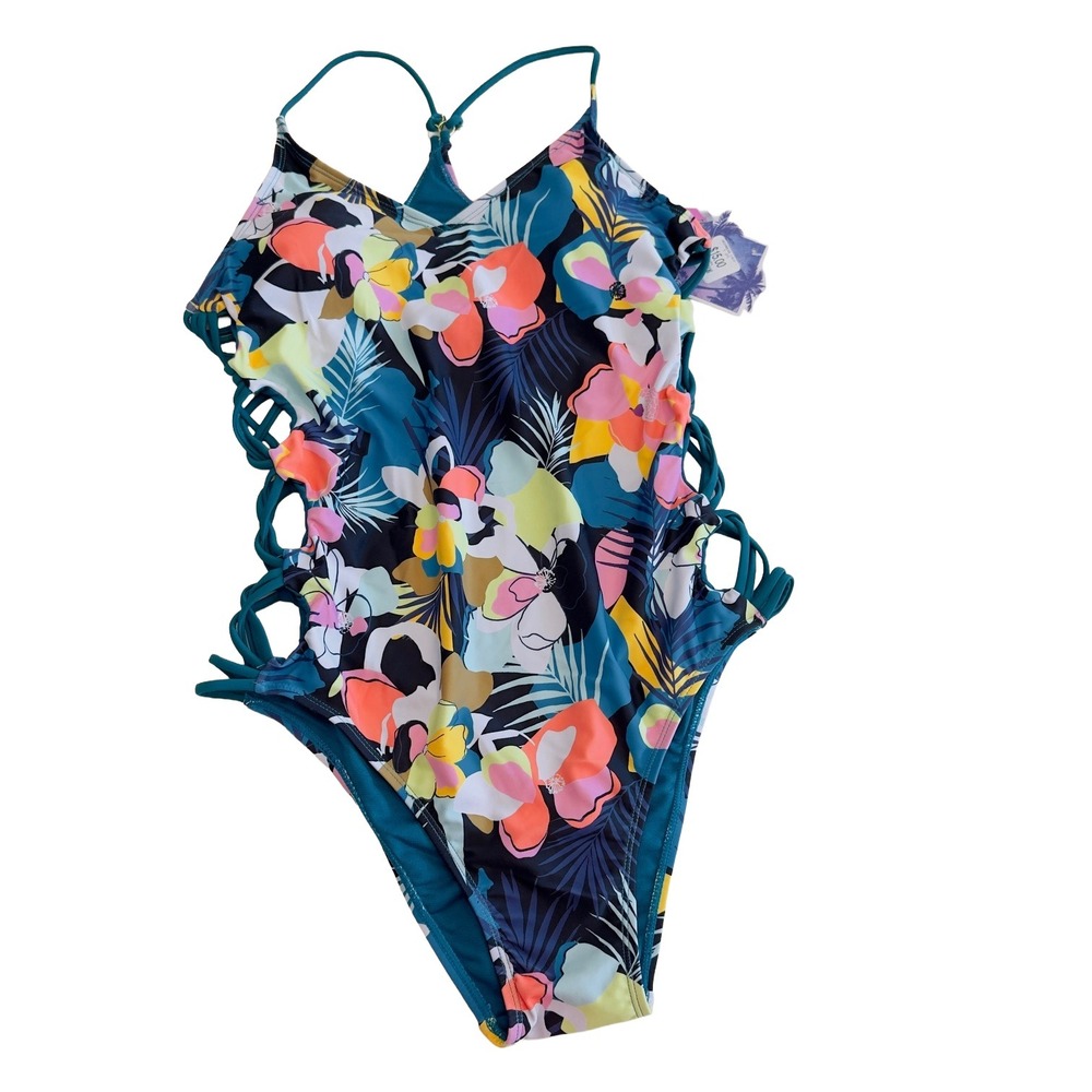 YMI Tropical Floral‎ One Piece Swimsuit Lace Up Sides Sz Large Chic NWT MSRP $60